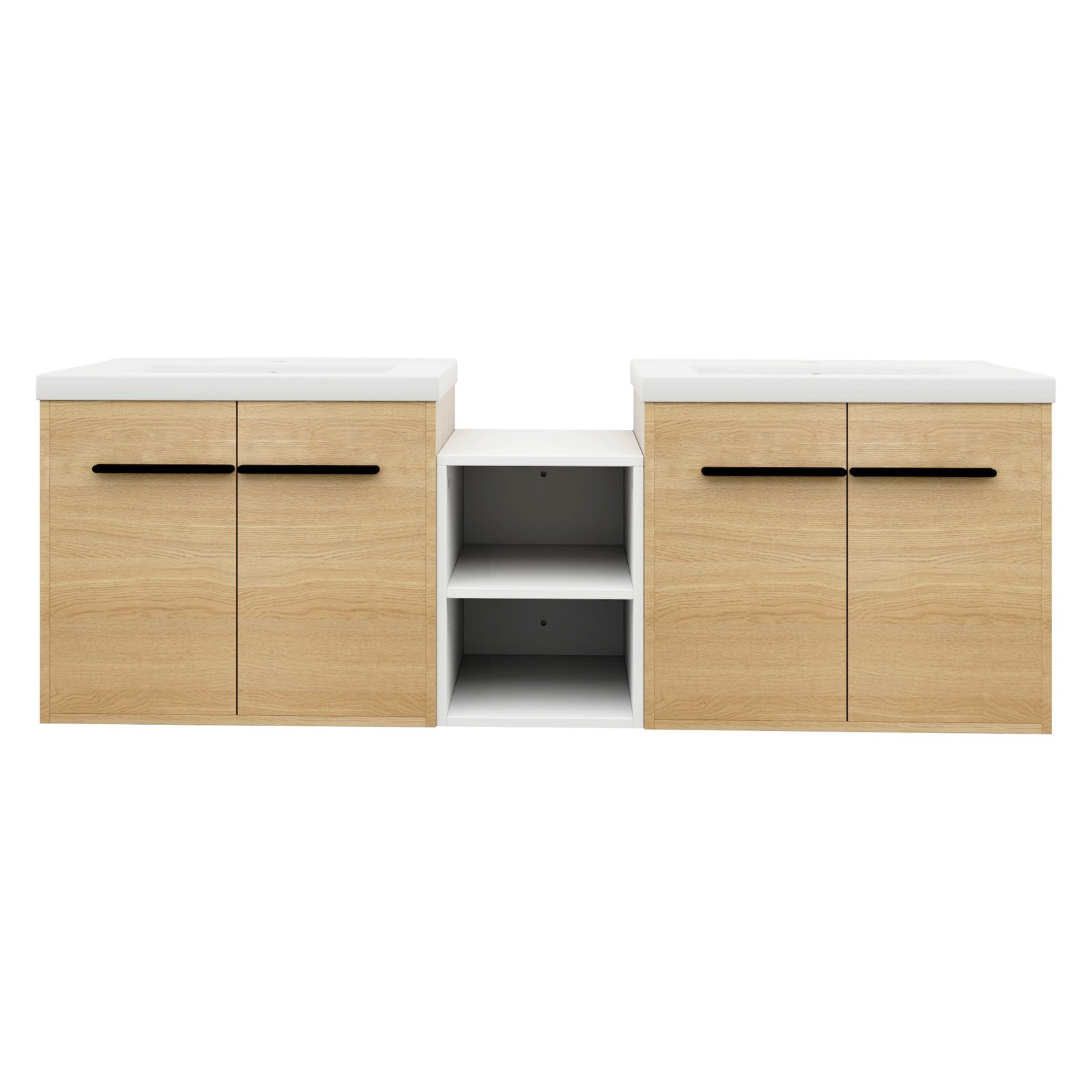60 Inch Wall Mounted Bathroom Vanity with Resin Sink, 4 Doors & Shelves