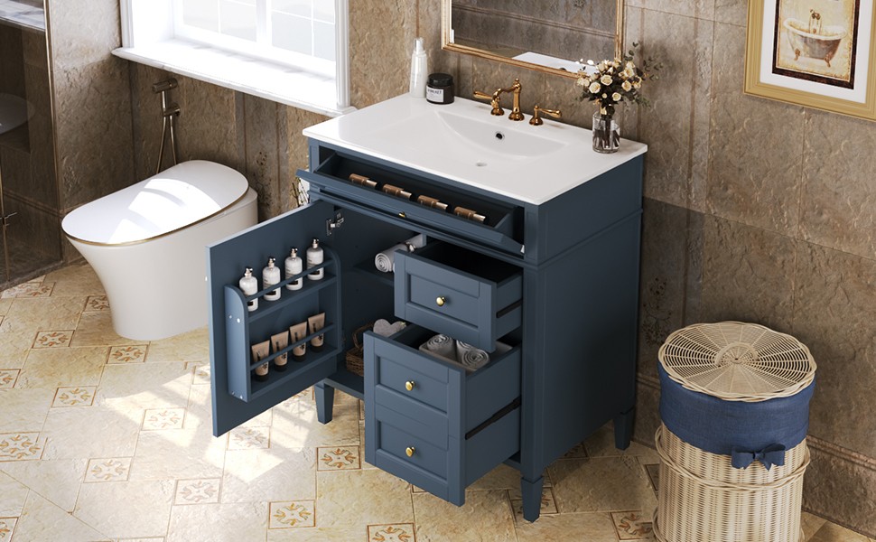30″ Bathroom Vanity with Sink, 2 Drawers & Tip-Out Drawer, Blue