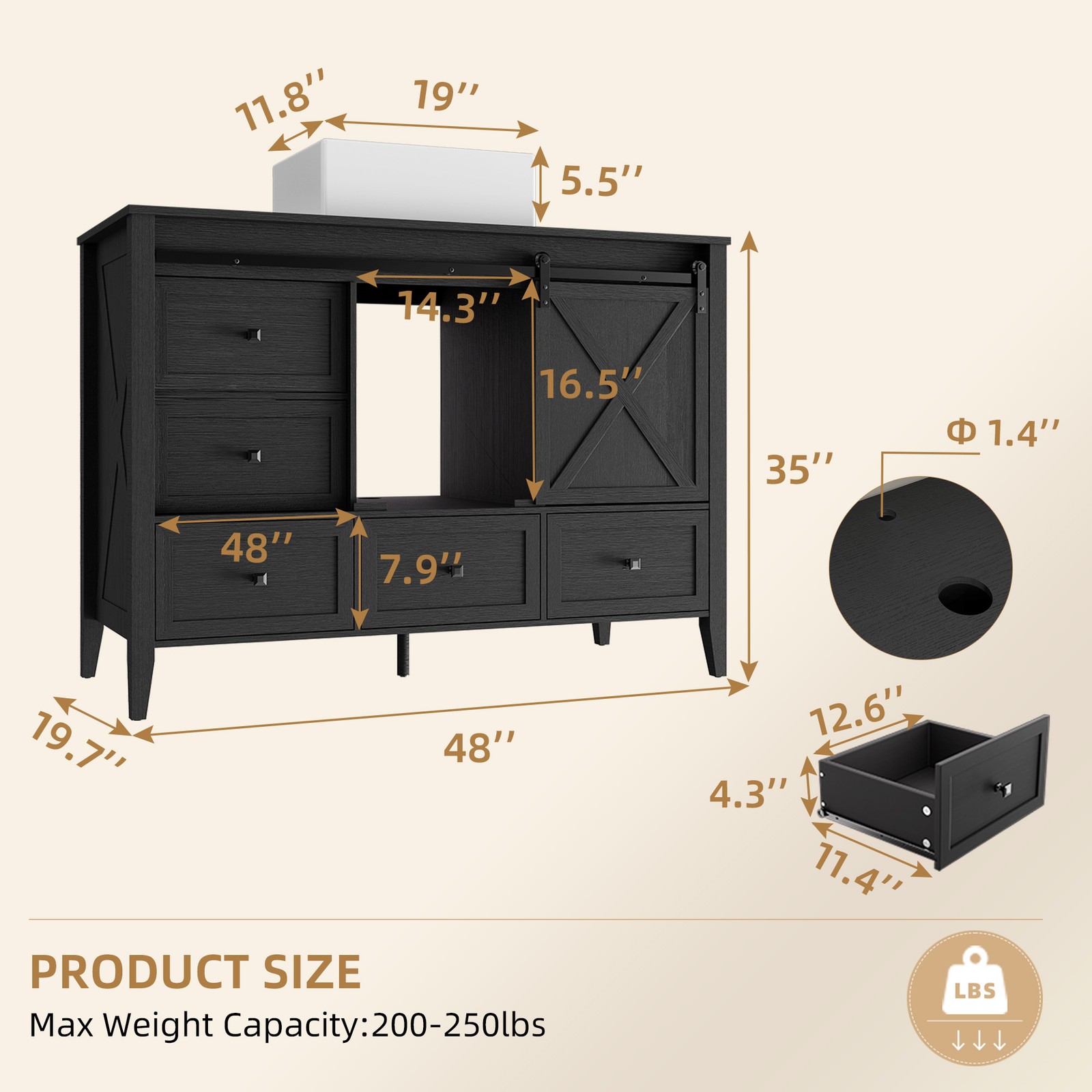 48″ Bathroom Vanity Wood Grain Cabinet with Ceramic Sink NO Faucet Combo Set