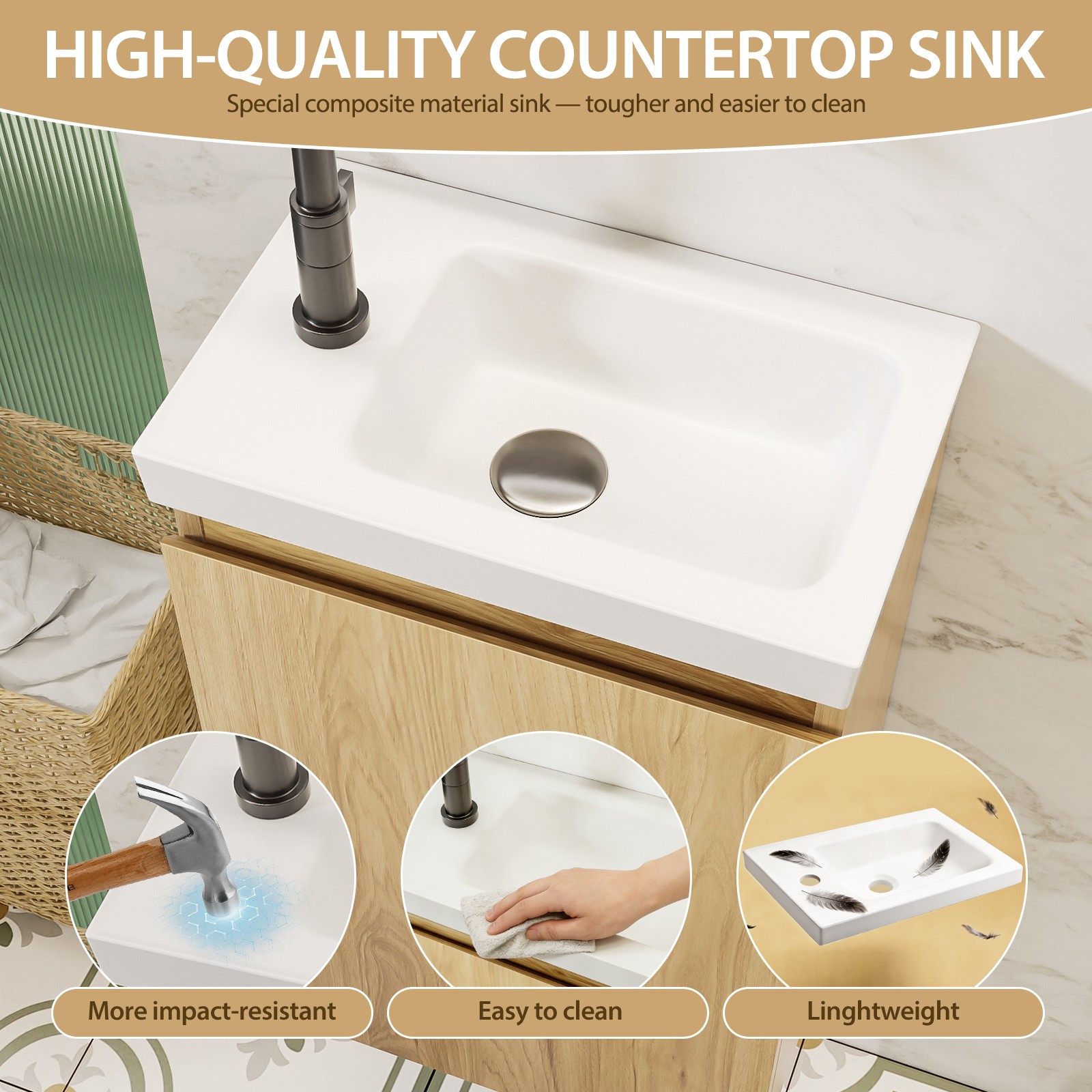 16″ Floating Bathroom Vanity with Sink, Natural Oak, White Stone Top