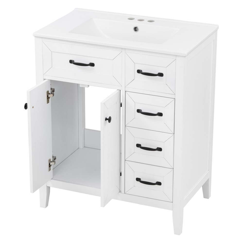30″ White Bathroom Vanity with Ceramic Sink Freestanding Vanity with Black Metal