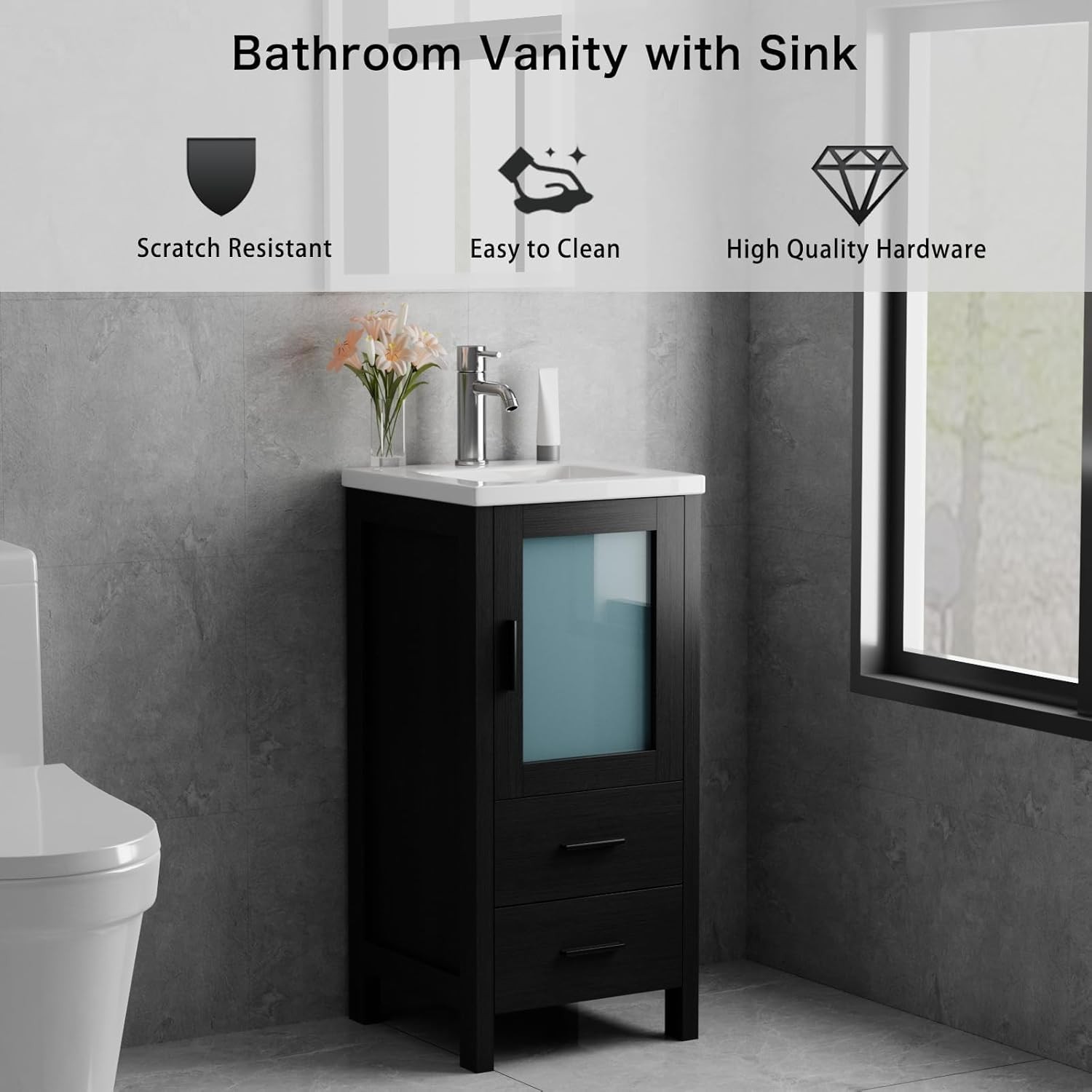 16 Inch Modern Bathroom Vanity with Sink, Single Bathroom Cabinet Vanity for