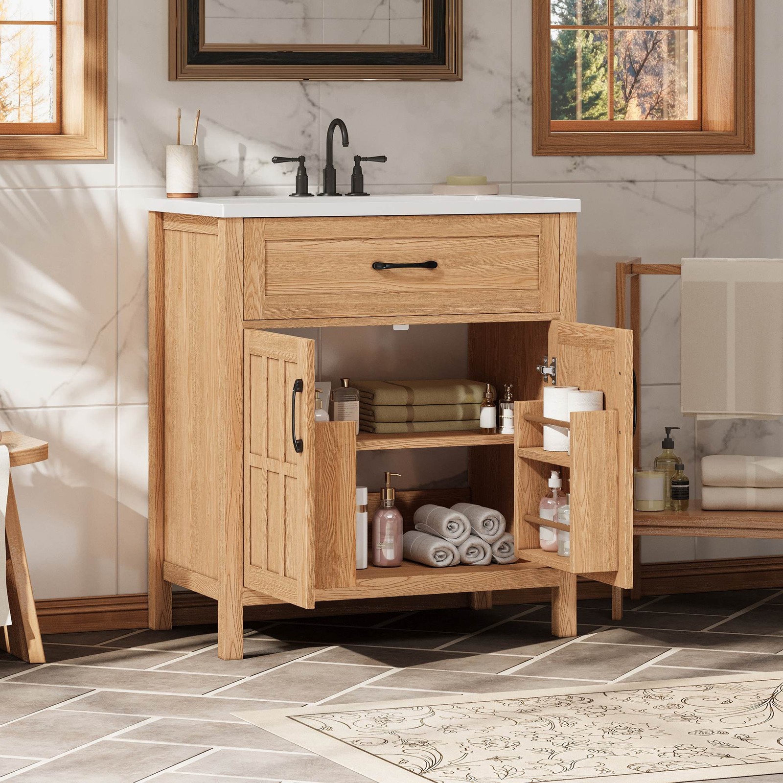 FUNIDEE 30″ Bathroom Vanity with Resin Sink Storage Cabinet w/ Adjustable Shelf