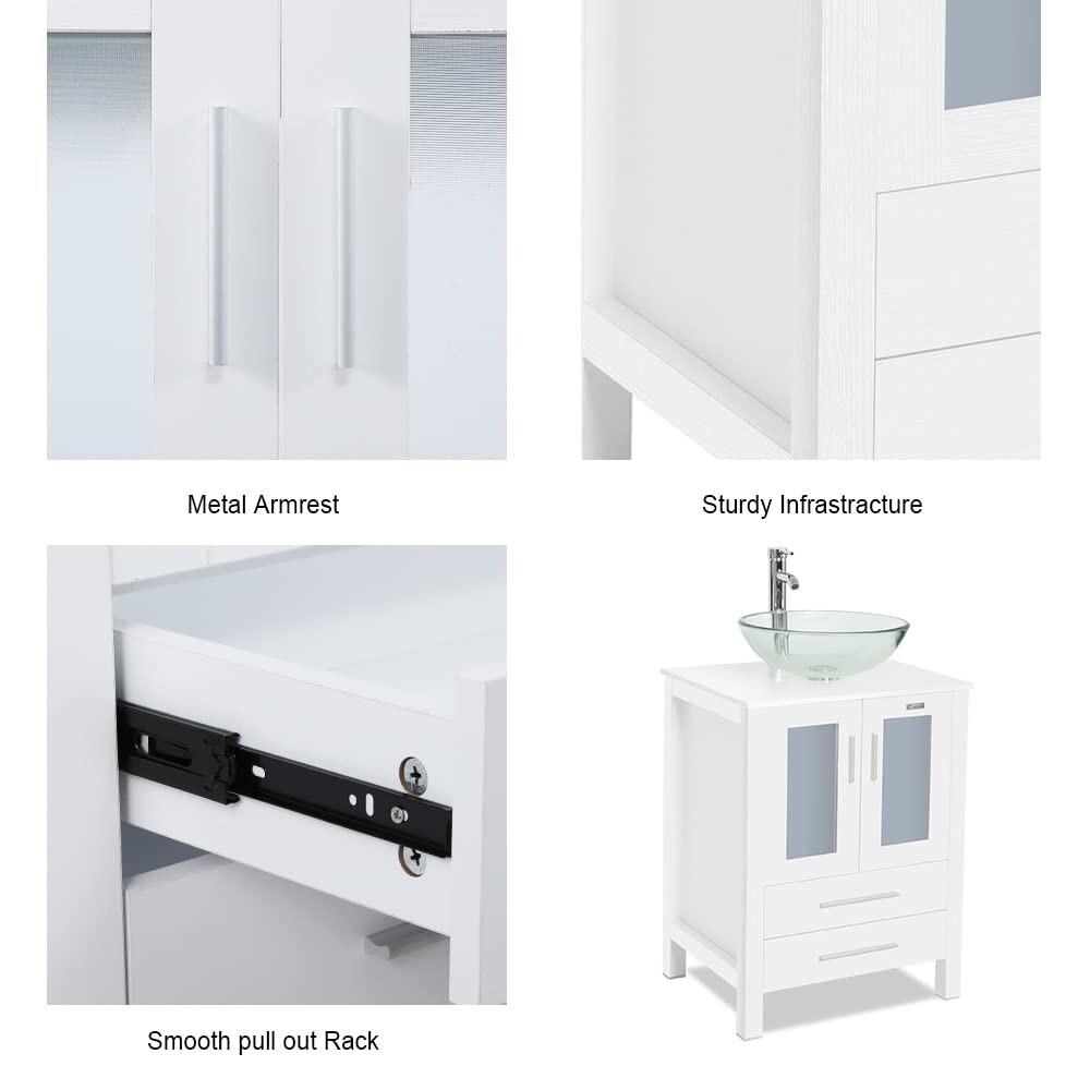 24″ White Bathroom Vanity Set Tempered Clear Glass Vessel Sink Combo No Mirror
