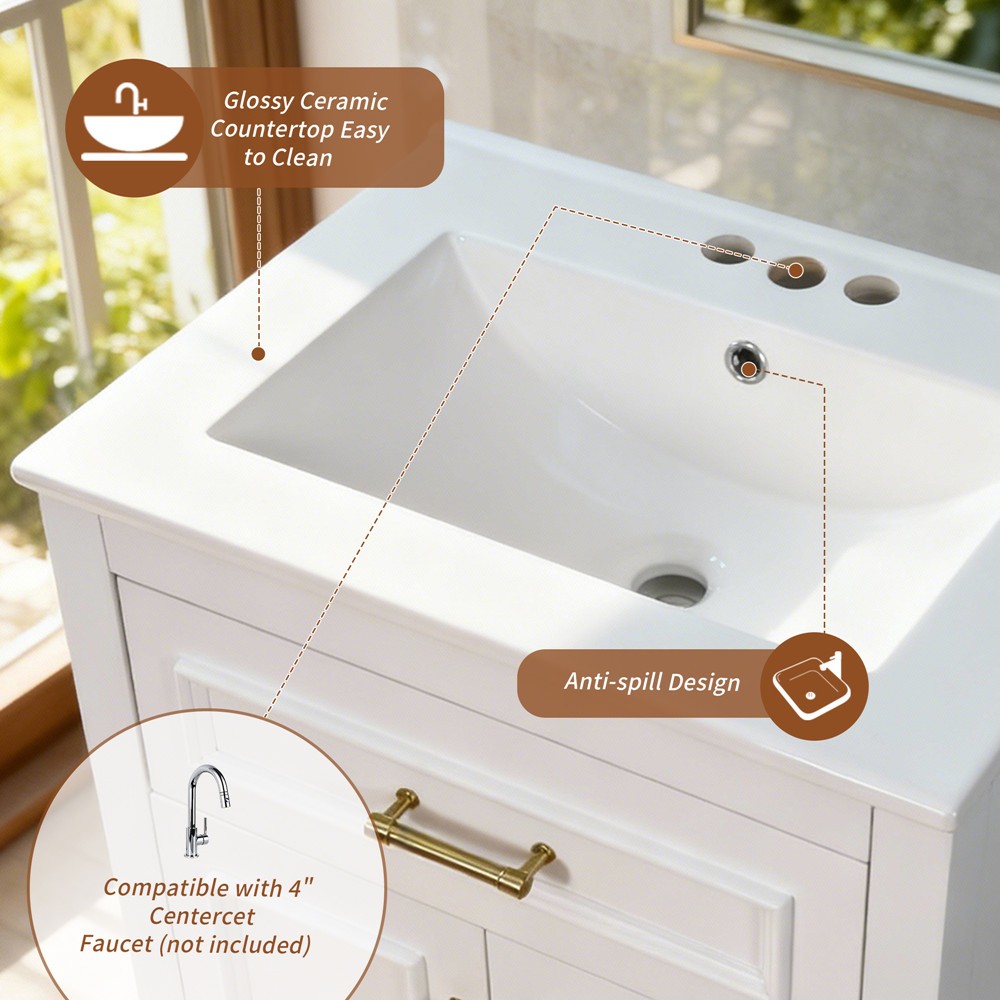 24″ Bathroom Vanity with Sink, Freestanding Bath Vanity Cabinet, Tip-Out Drawer
