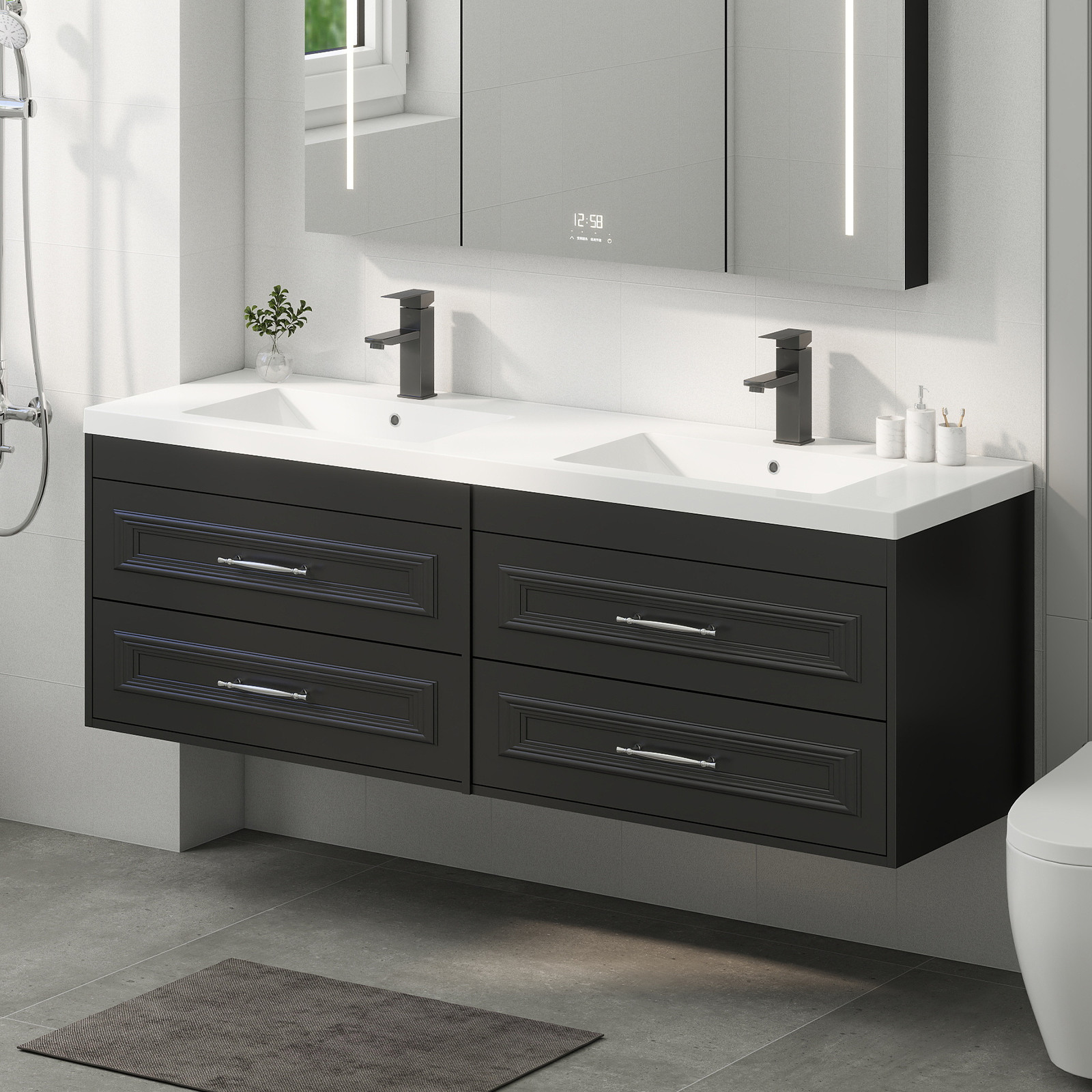 60″ Black Wall Mounted Floating Vanity with Sink and Soft Close Bathroom Cabinet