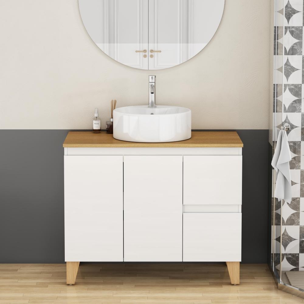 Bathroom cabinet with sink, double doors, and two drawers
