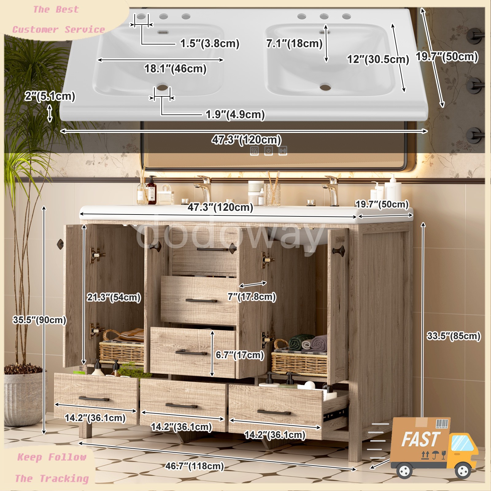 47″ Bathroom Vanity with Ceramic Sink Freestanding Storage Cabinet w/ 6 Drawers