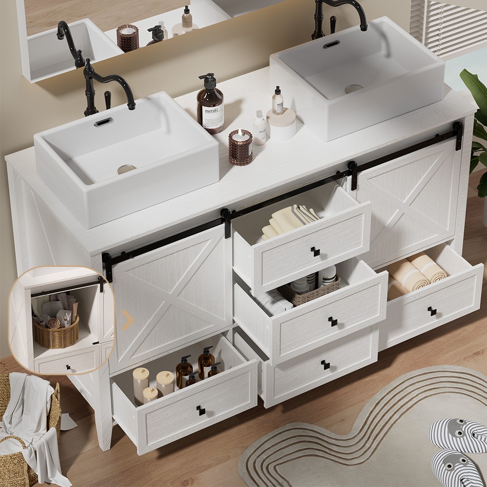 60″ Farmhouse Bathroom Vanity Double Ceramic Sink 2 Sliding Barn Doors&5 Drawers