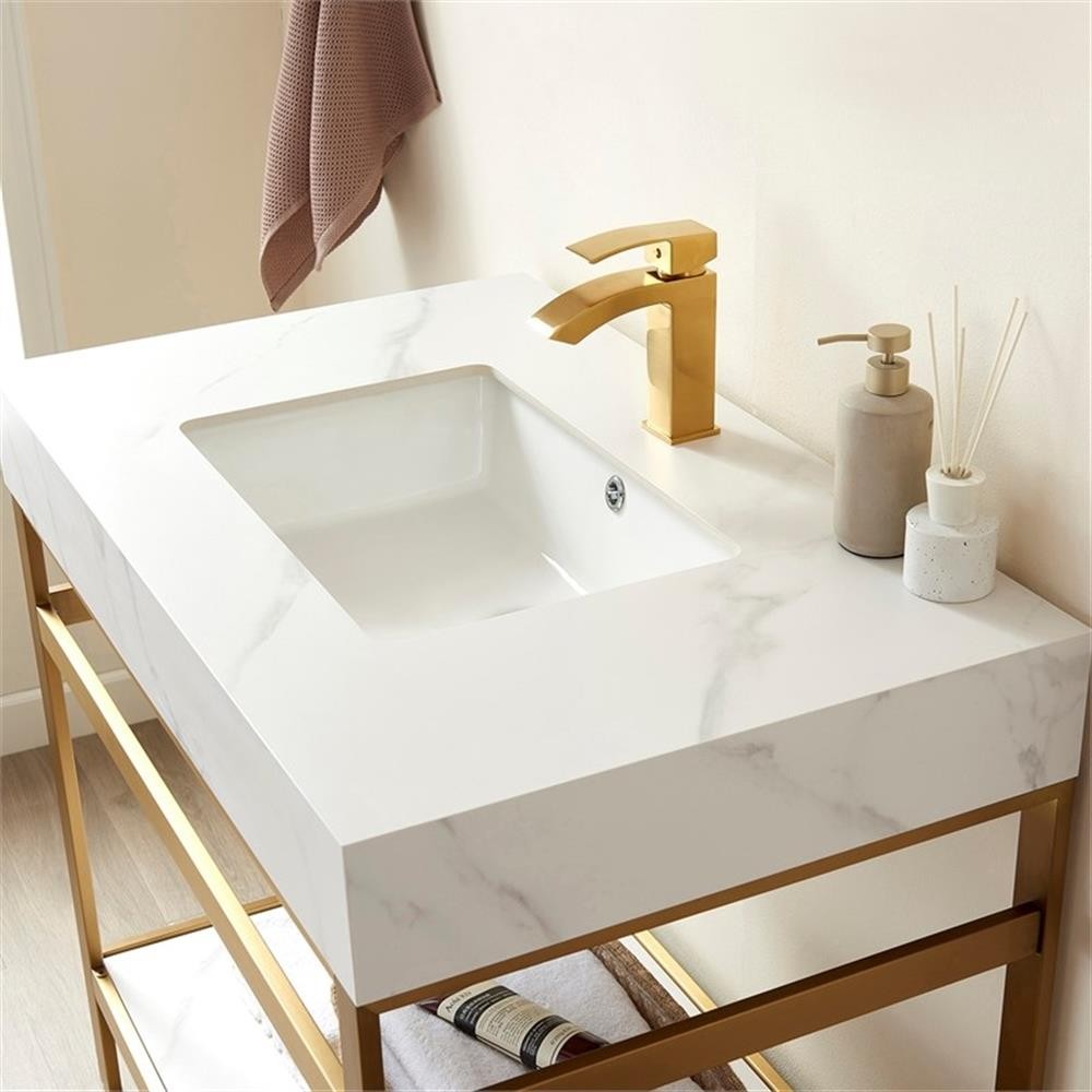 Funes 36″ Single Sink Bathroom Vanity in Brushed Gold Frame White Top No Mirror