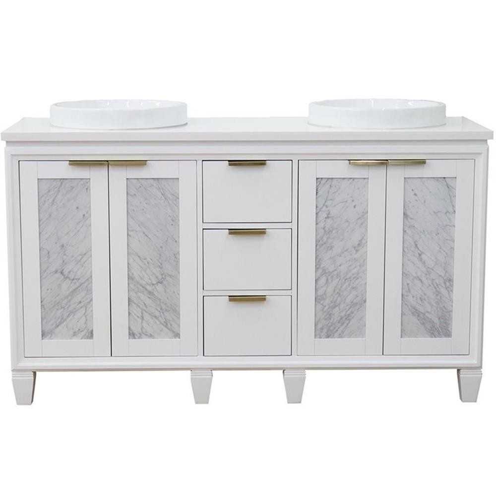Pemberly Row 61″ Double Round Sink Solid Wood Vanity in White/White Quartz Stone