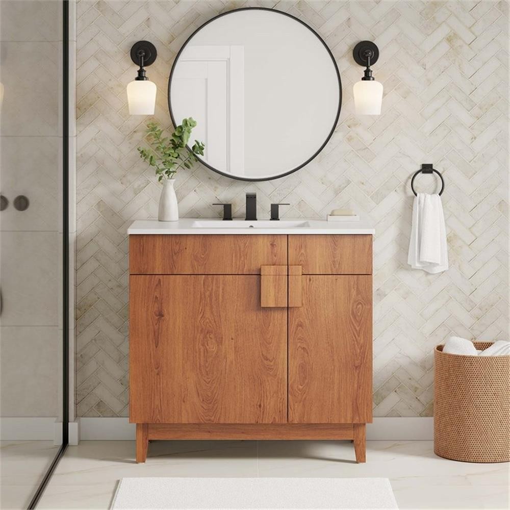 Pemberly Row 36″ Wood Bathroom Vanity with Tapered Legs in White/Walnut