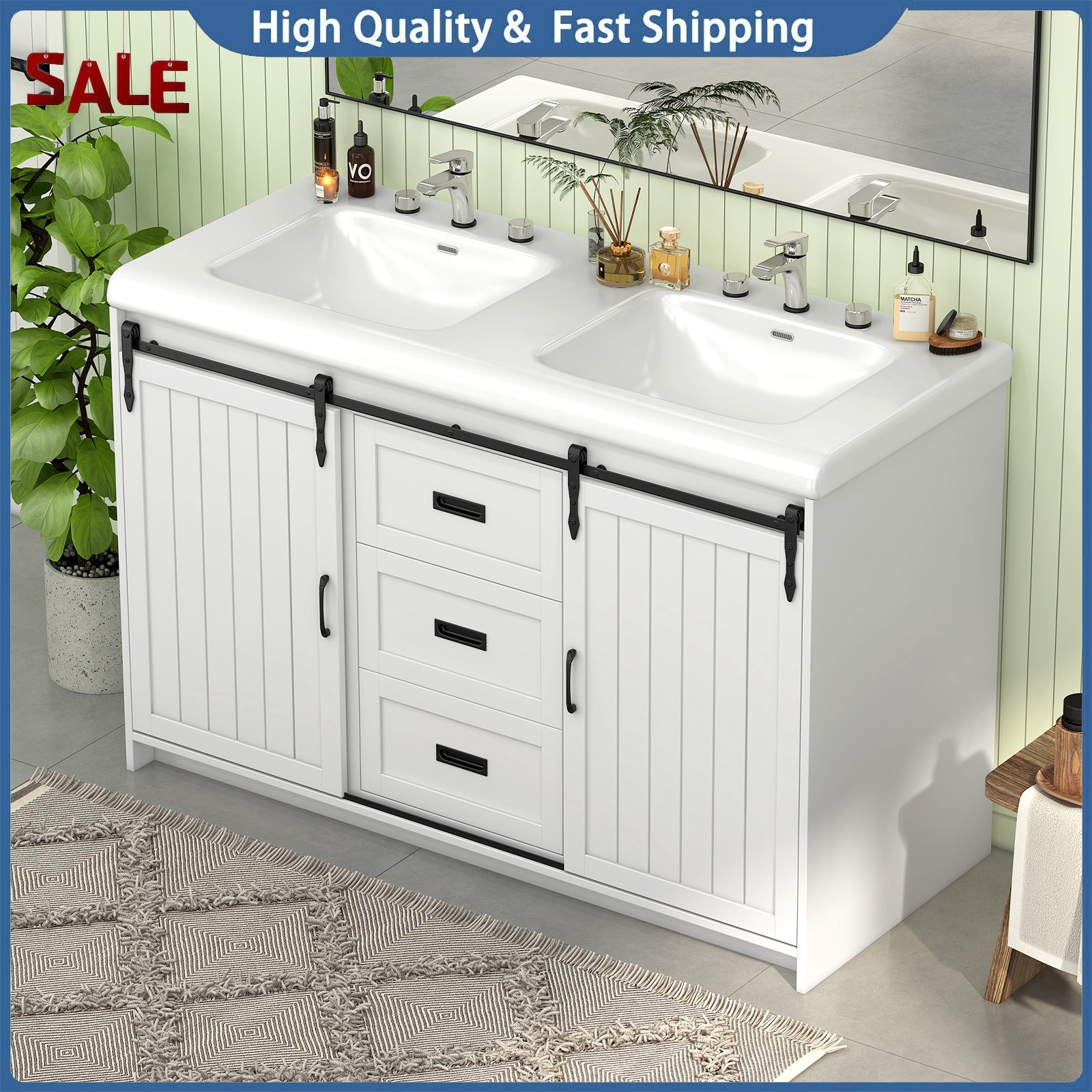 47″ Bathroom Vanity Cabinet with Double Sink Freestanding Storage Cabinet