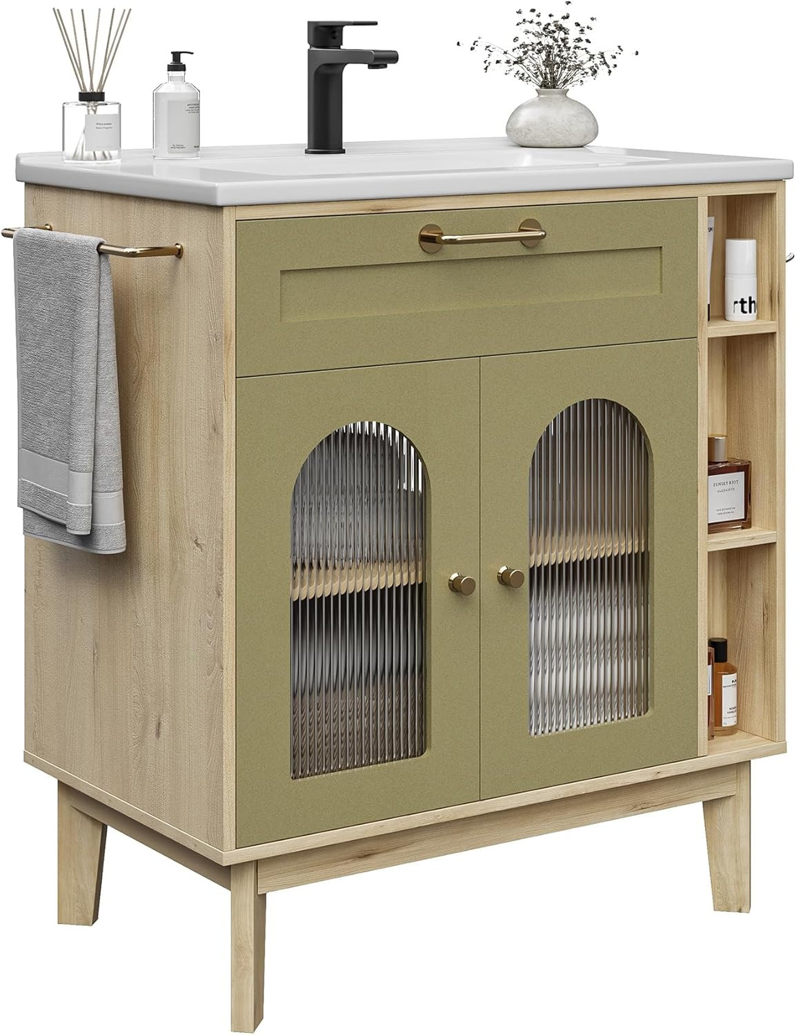 30″ Bathroom Vanity with Sink & Storage, Solid Wood Legs, Towel Bar Included
