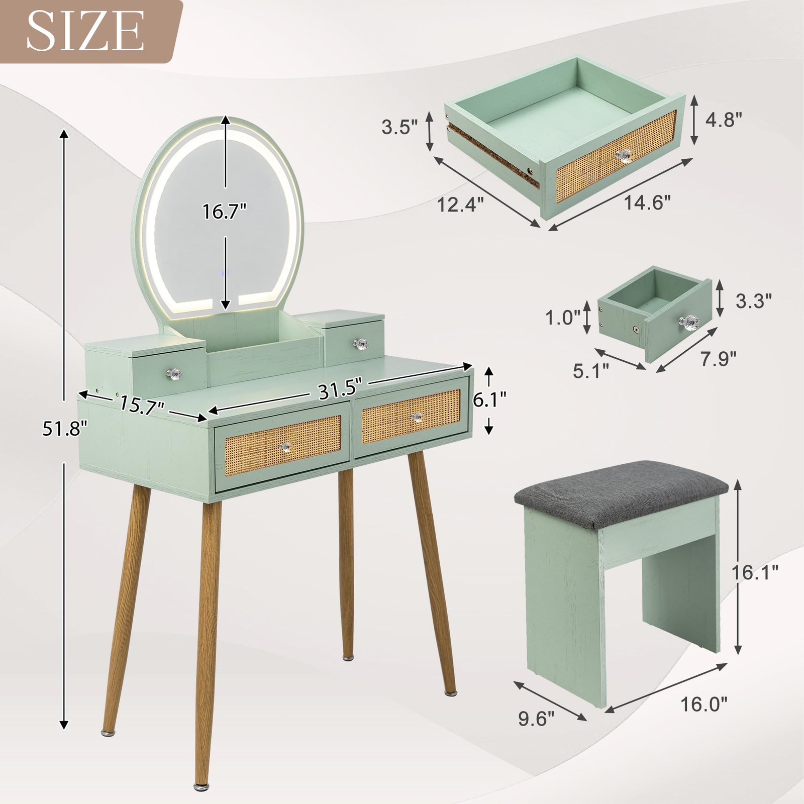 31″ Boho Natural Rattan Vanity Desk Set with 3-Mode Lighted Mirror & Stool Mint