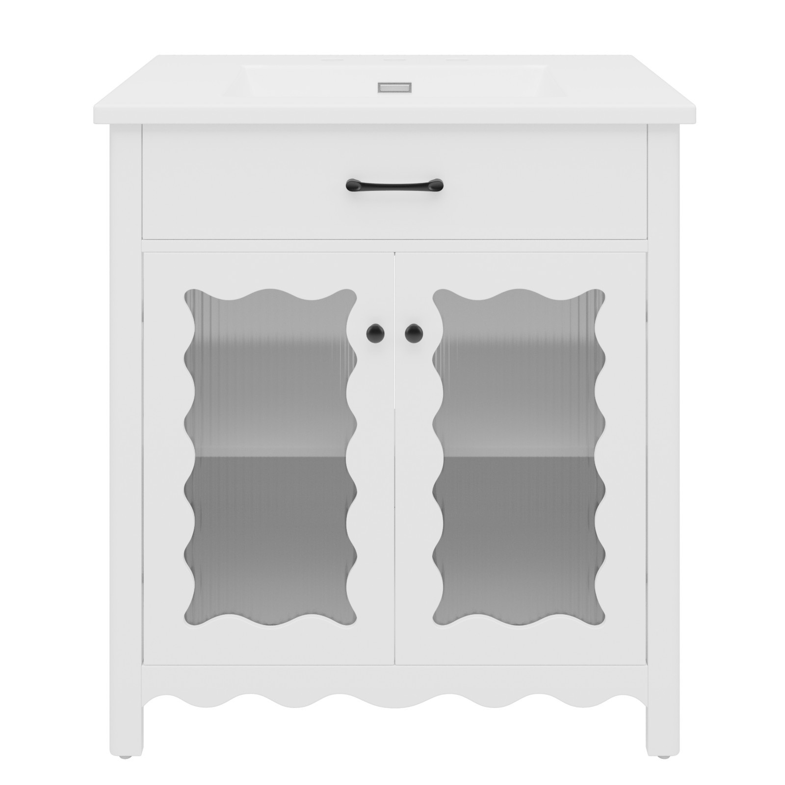 30 Inches Bathroom Vanity with Tempered Glass with Rubber Wood Legs and Doors