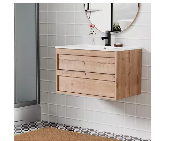 eclife 30″ Floating Oak Single Sink Bath Vanity White Resin Top Faucet Set