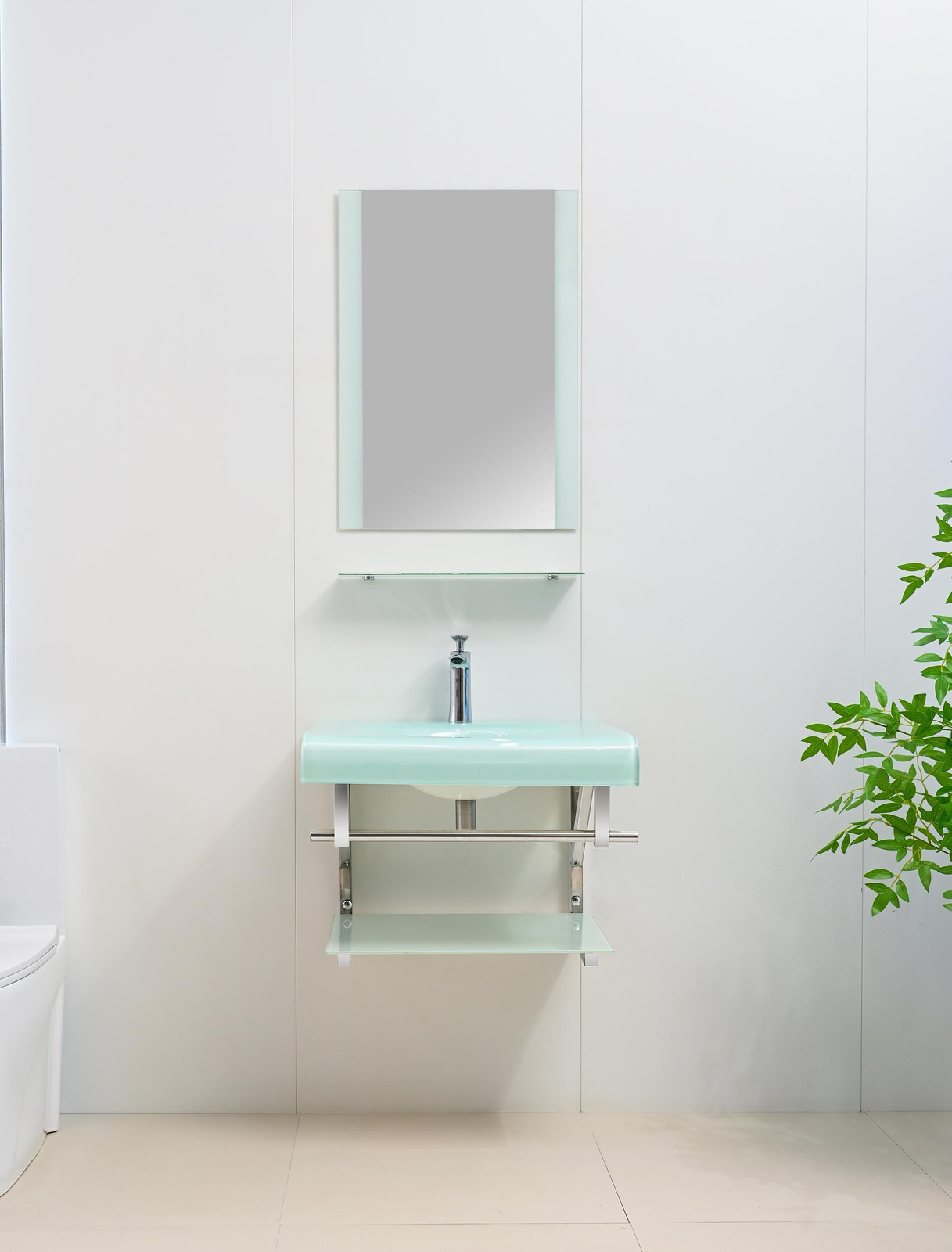 24″ White Glass Bathroom Vanity Floating Integrated Sink Glass top Mirror combo