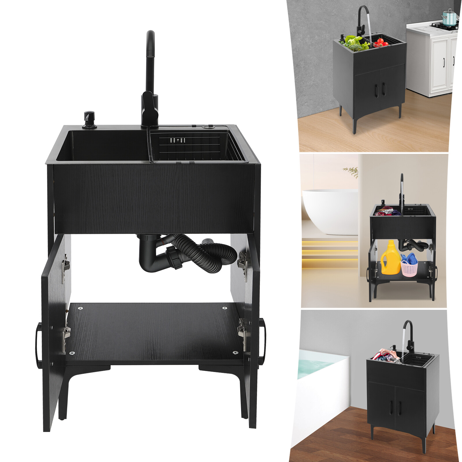 Bathroom Vanity Cabinet Storage with Sink Combo with Drawers and Shelves Black