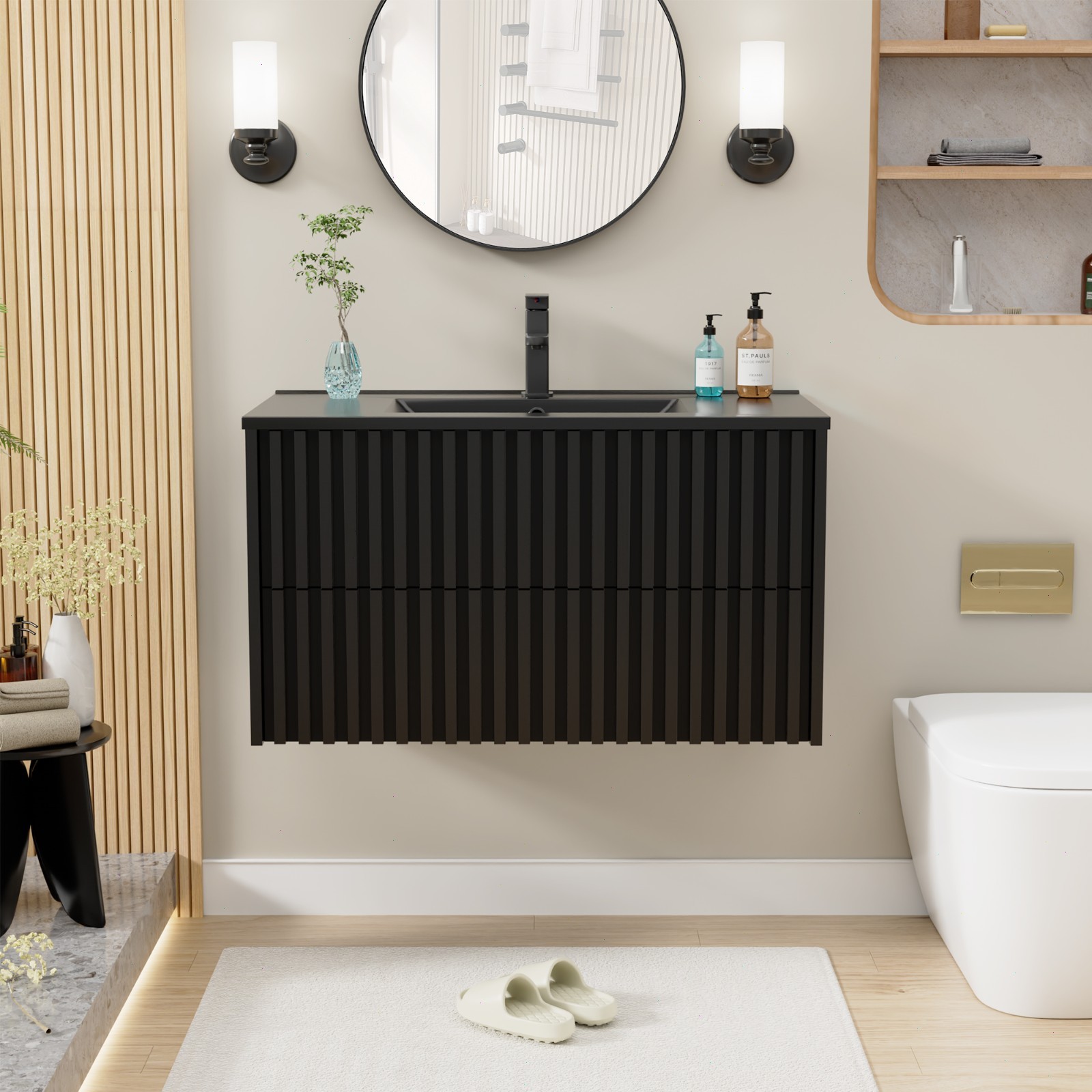 24″/ 30″/ 36″ Wall Mounted Bathroom Vanity Set With Sink Top, Faucet And Drain