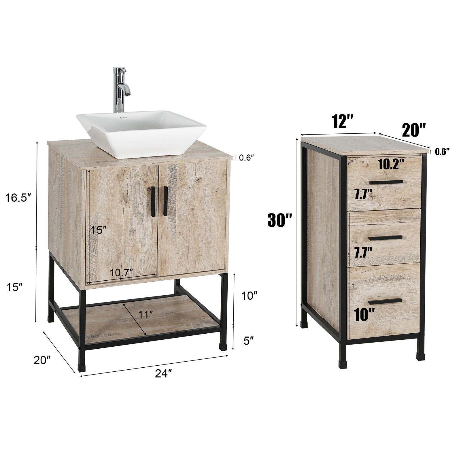 36″ Bathroom Vanity Sink Combo Oak Cabinet Vanity Tempered Glass/Ceramic Sink