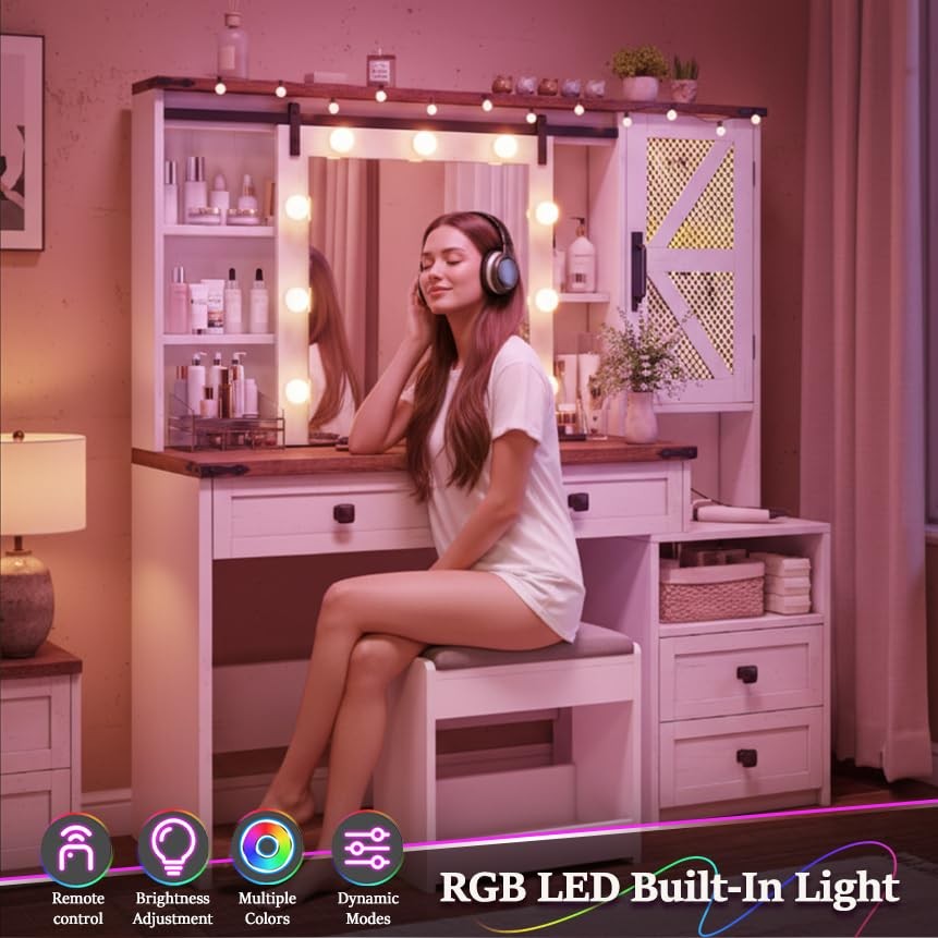 Makeup Vanity Desk Sliding Mirror Lights Antique White 4 Drawers RGB Cabinets