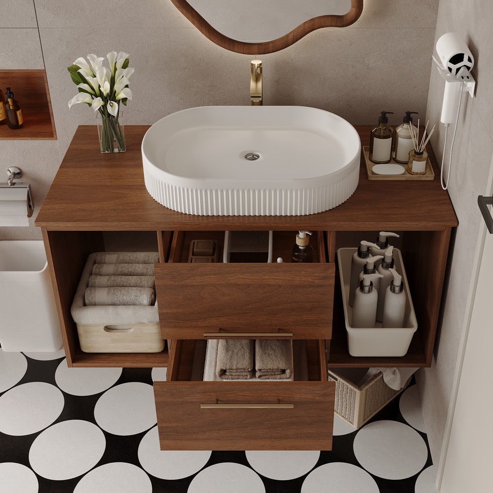 39″ Wall Mounted Bathroom Vanity w/Sink, 2 Drawers Floating Cabinet,Open Shelves