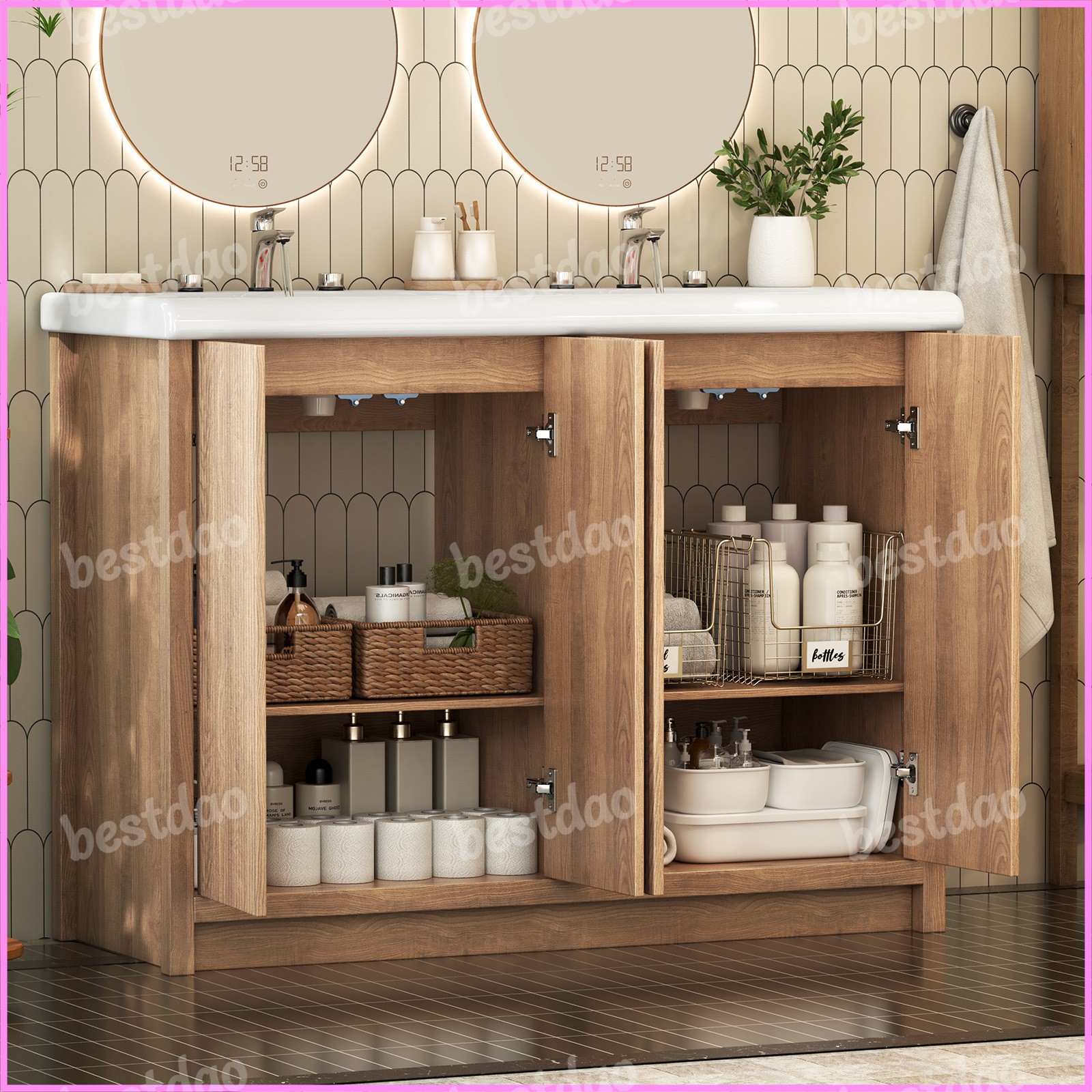 47″ Bathroom Vanity Set Wooden Cabinet with Double Ceramic Drop in Sink Top
