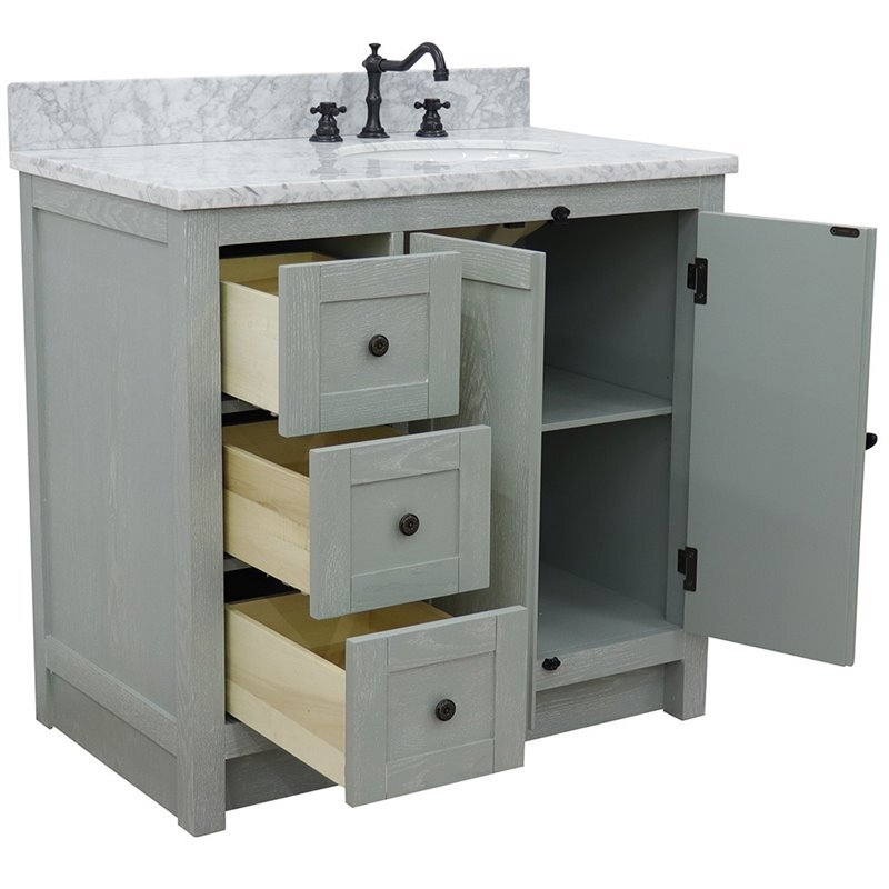 Plantation Solid Wood Vanity with Right Oval Sink in White/Gray Ash