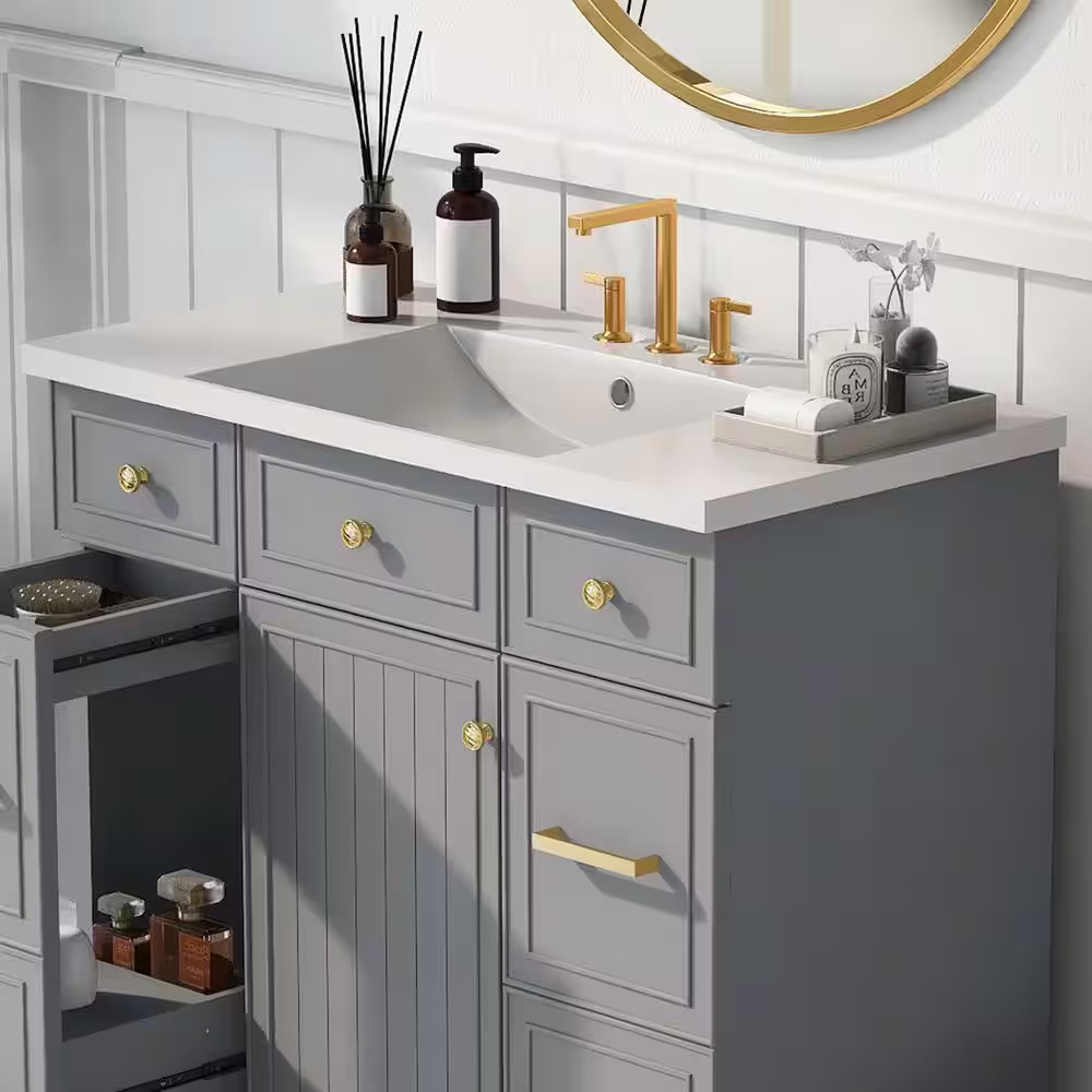 36 In. W X 18 In. D Rectangular 3 Hole Bathroom Sink Resin Vanity Top in White w
