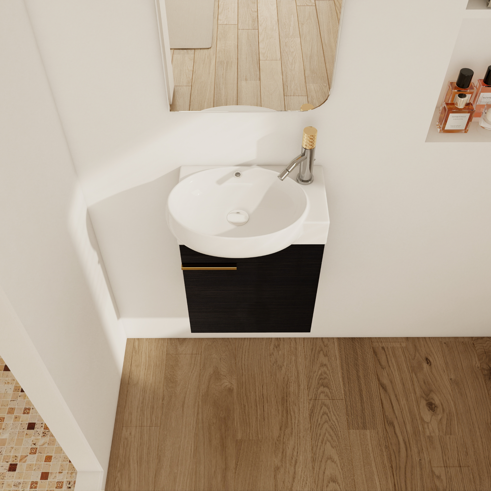 16in Plywood Wall-Mounted Small Bathroom Vanity Cabinet W/ Ceramic Sink Black