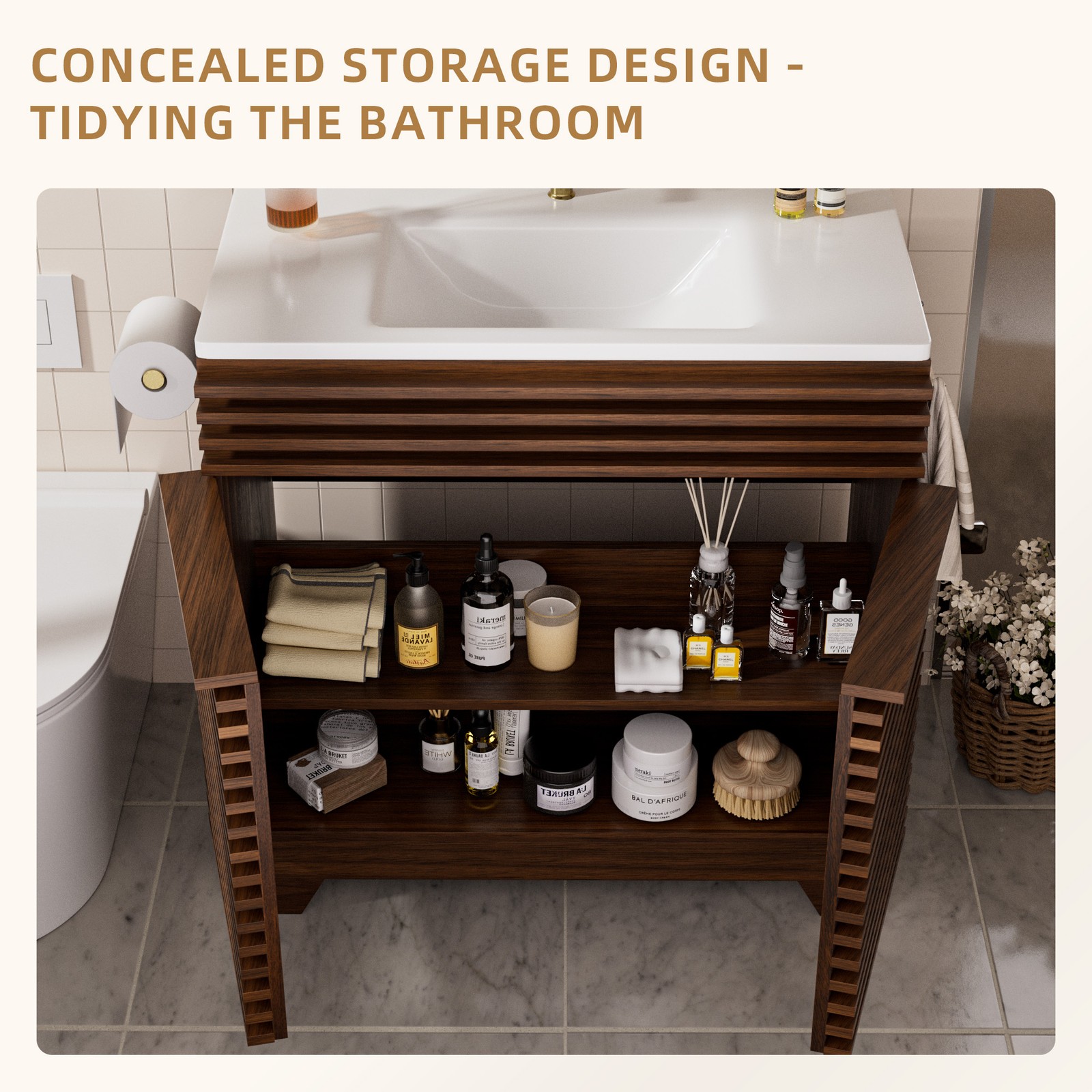32 Inch Walnut Fluted Bathroom Vanity with Ceramic Sink, 2-Door Cabinet Modern