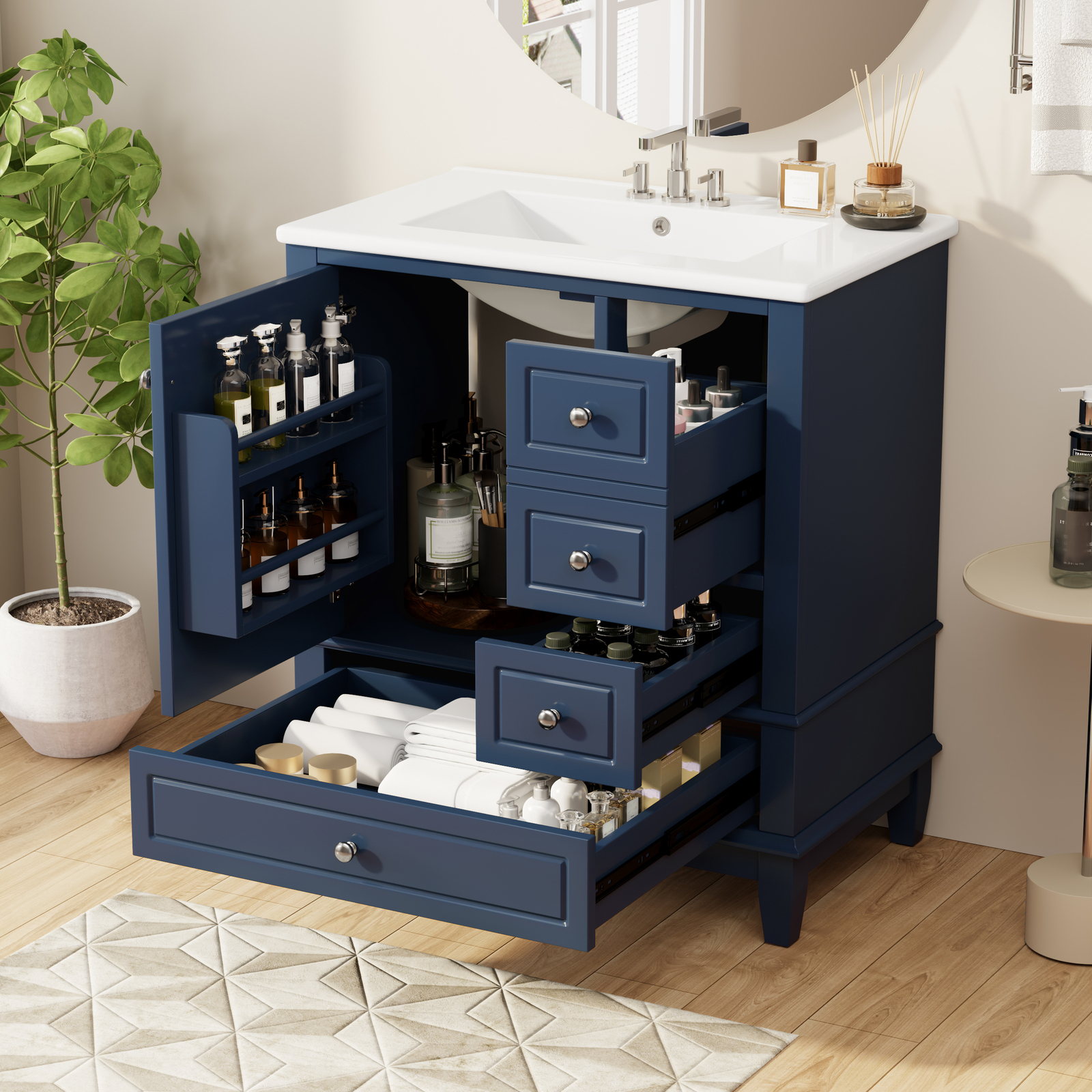 30″ Bathroom Vanity w/Ceramic Sink Freestanding Solid Wood Storage Cabinet Shelf