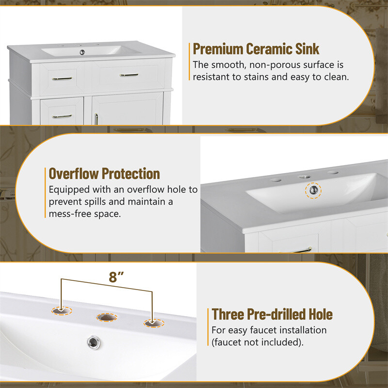 30in White Bathroom Vanity with Ceramic Freestanding Cabinet w/Door & 3 Drawers