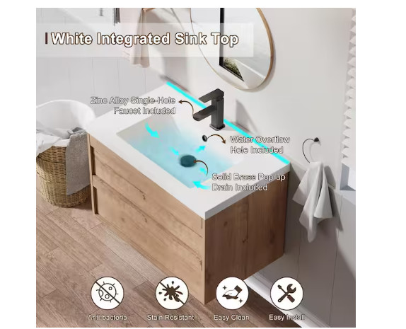 eclife 30″ Floating Oak Single Sink Bath Vanity White Resin Top Faucet Set