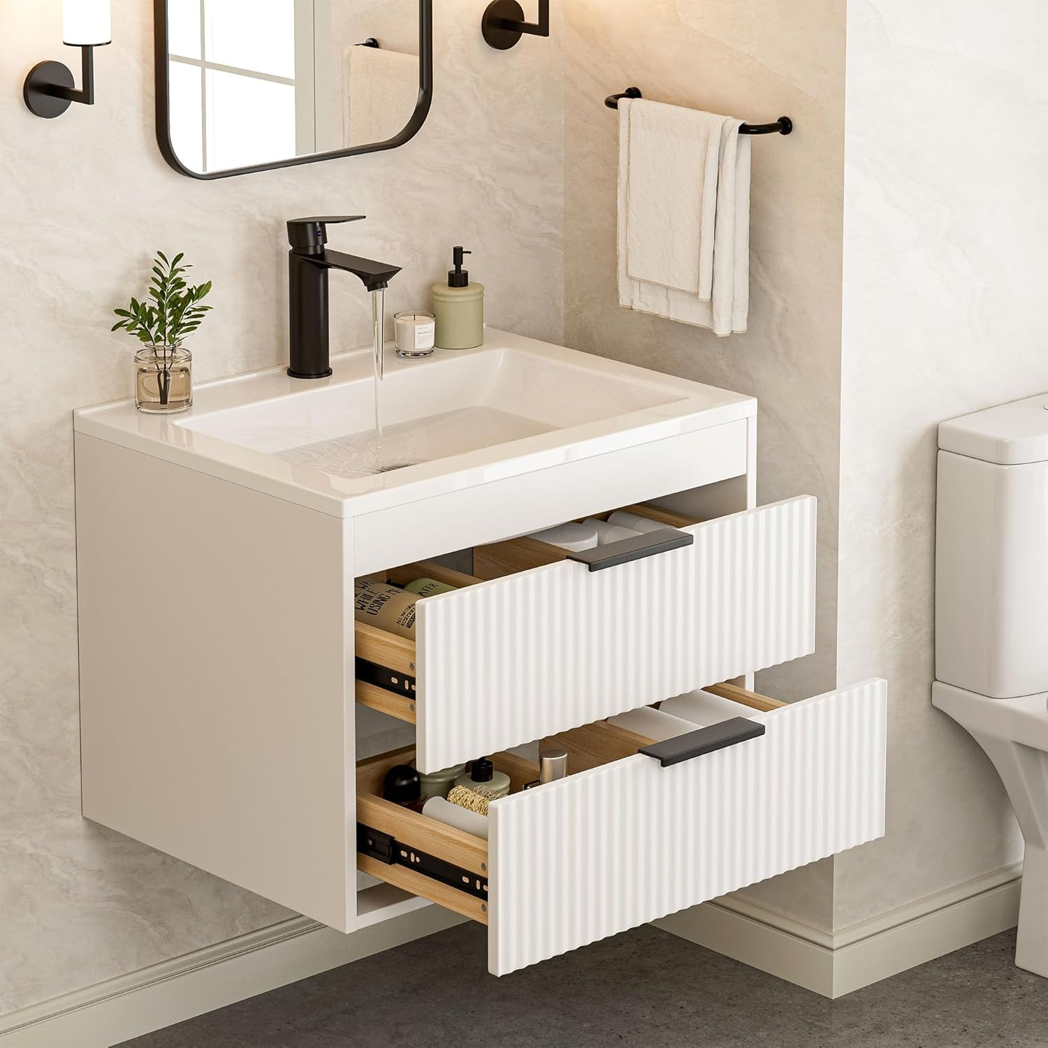 24″ Modern Wall-Mounted Bathroom Vanity with Sink & Double Drawers, White