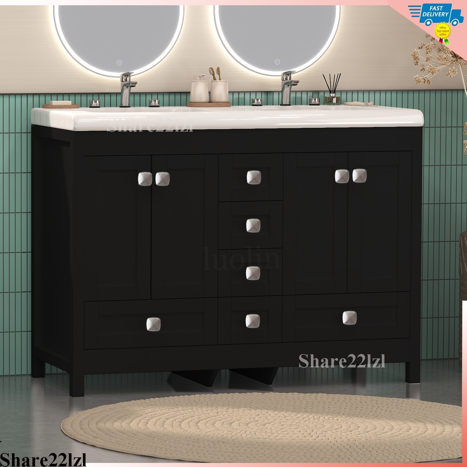 47″ Bathroom Vanity Set with Double Ceramic Sinks Freestanding Storage Cabinet