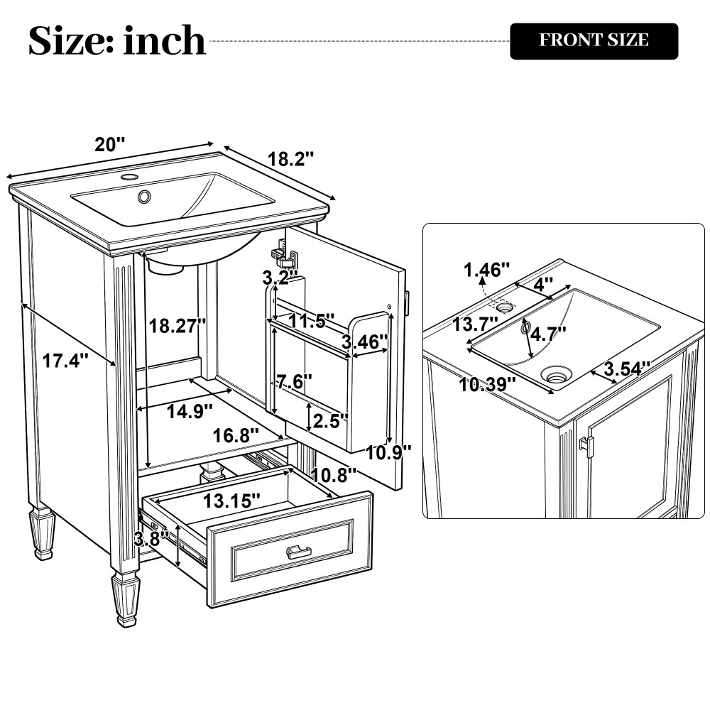 20″ Green Bathroom Vanity, Ceramic Sink, Solid Wood Legs, Soft-Close, Storage