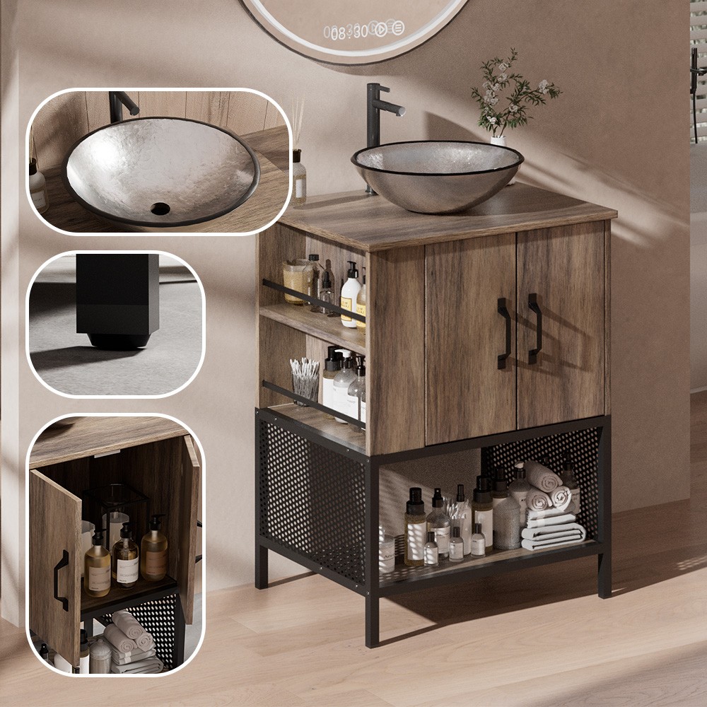 24 Inch Bathroom Vanity Single Cabinet w/ Vessel Sink Combo Open Shelf Grey