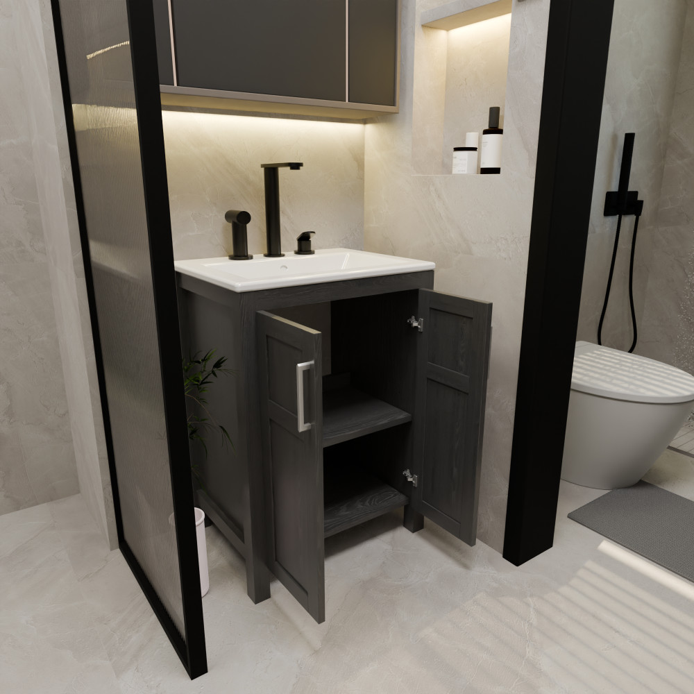 Bathroom Vanity with White Ceramic Sink Faucet Pop Up Drain Set Large Storage