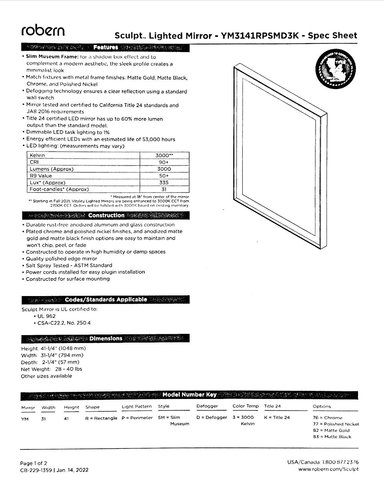 Robern YM3141RPSMD3K77 – Sculpt, Slim Museum Mirror 31″ x 41″ x 2″ – Pol. Nickel