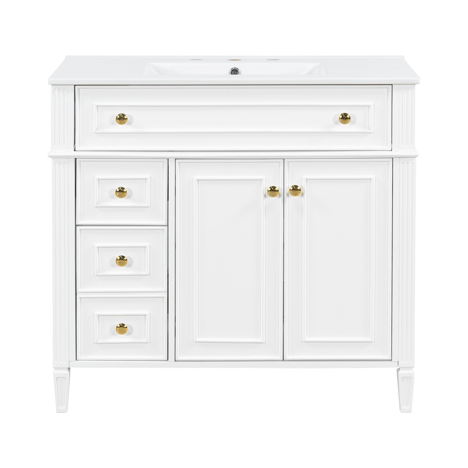 36″ Bathroom Vanity with Sink, White Solid Wood Cabinet, Gold Handles