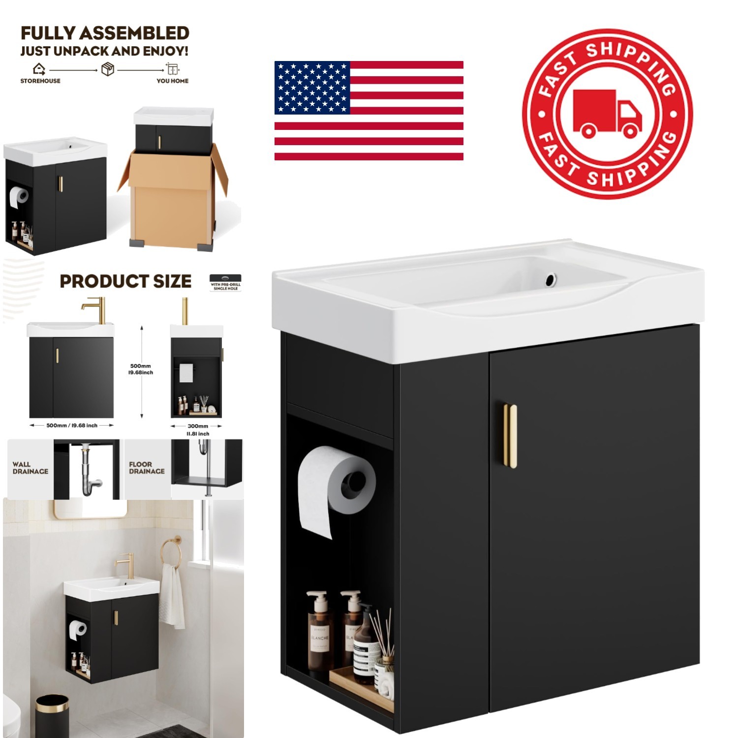 Compact Black Bathroom Vanity 20 Inch Floating Wall Mount Soft Close Door