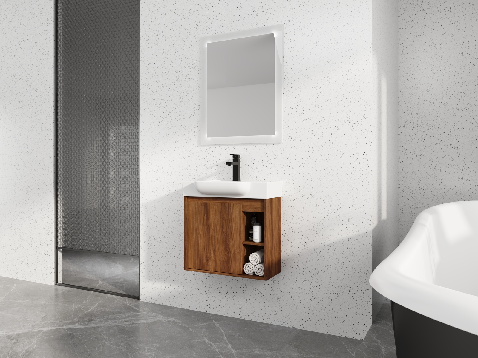 24in Plywood Wall-Mounted Bathroom Vanity W/ Ceramic Sink Basin and Shelf Brown