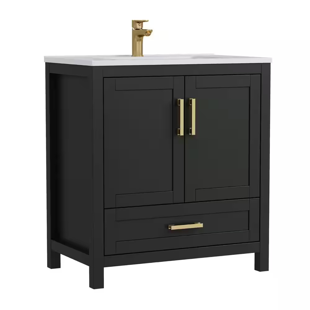 Raven 31 In.W Single Sink Black Freestanding Bath Vanity with White Engineered S
