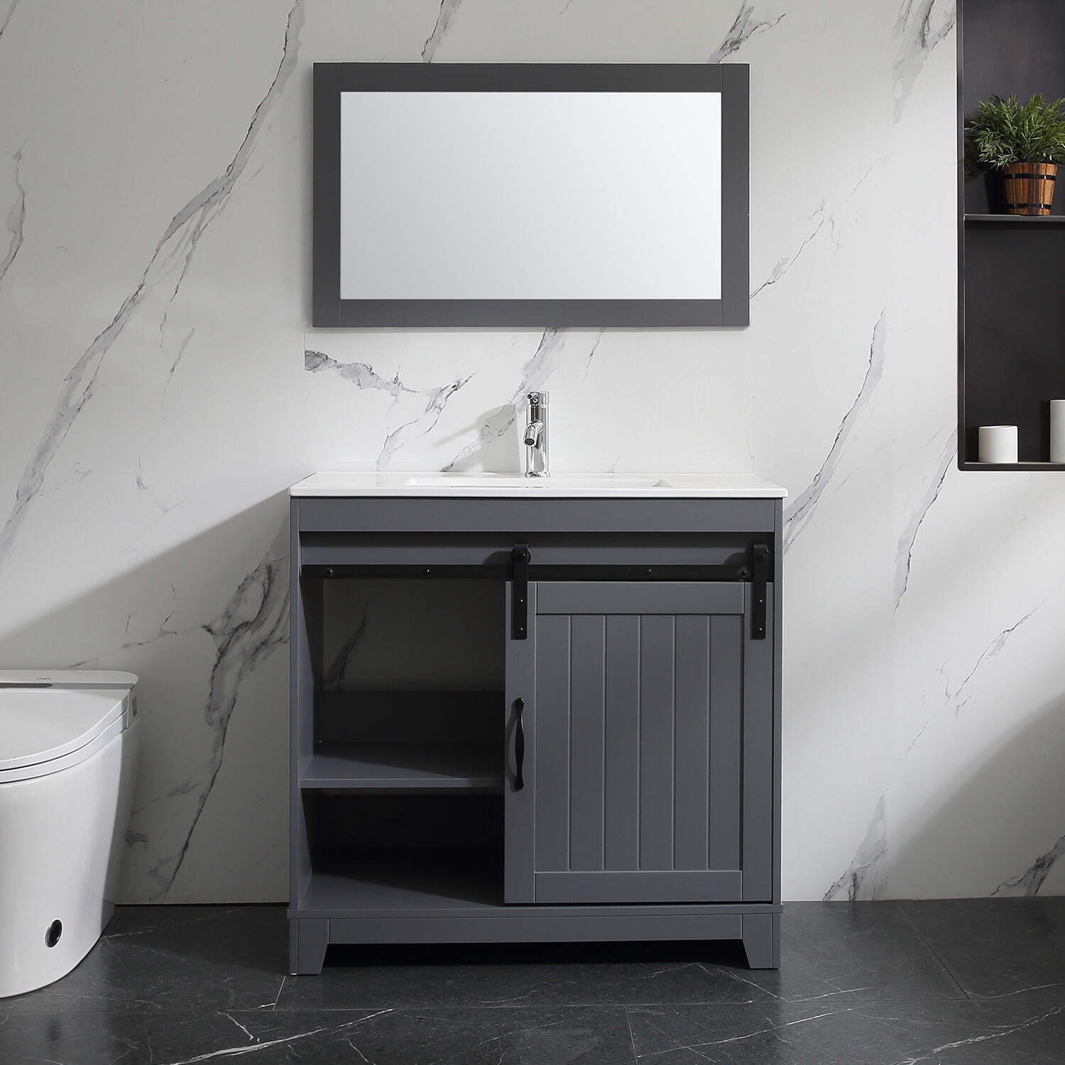 36″ Sliding Door Bathroom Vanity w/ Undermount Sink Faucet Mirror Gray Modern