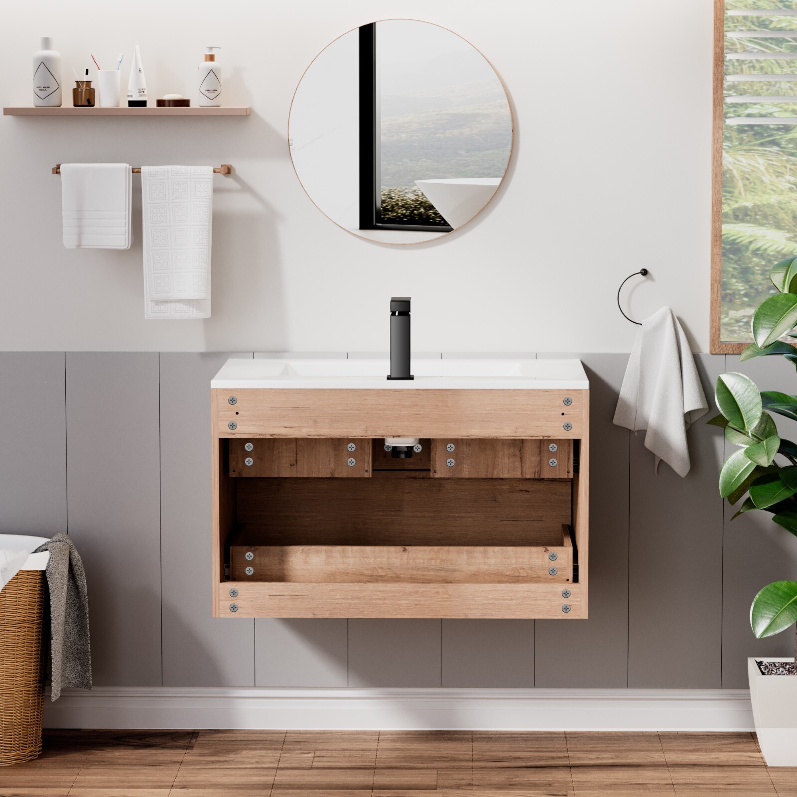 Wall Mounted Bathroom Vanity Sink Combo Cabinet Vanity Set Invisible Handles