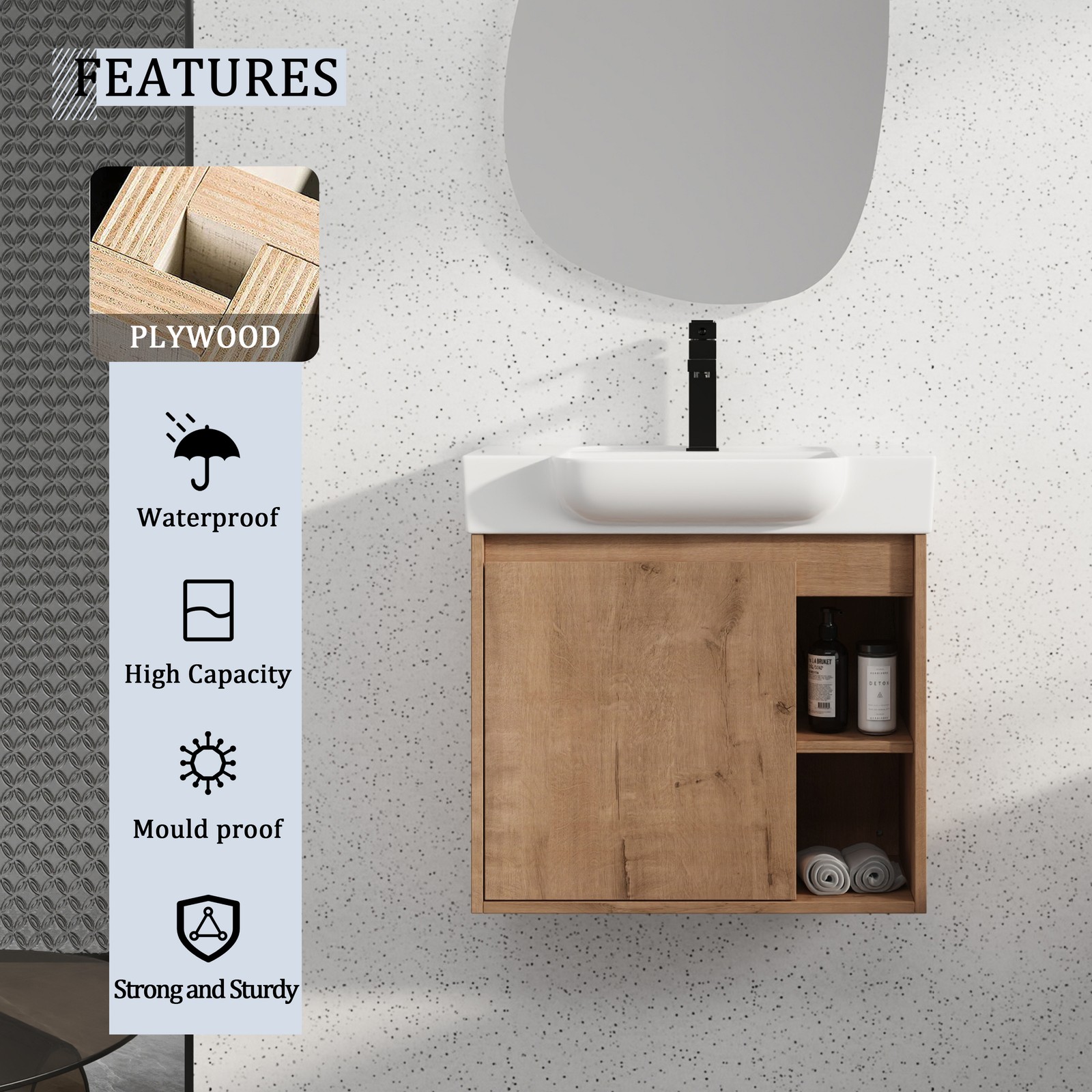 24” Plywood Wall-Mounted Bathroom Vanity W/ White Ceramic Sink For Small Space