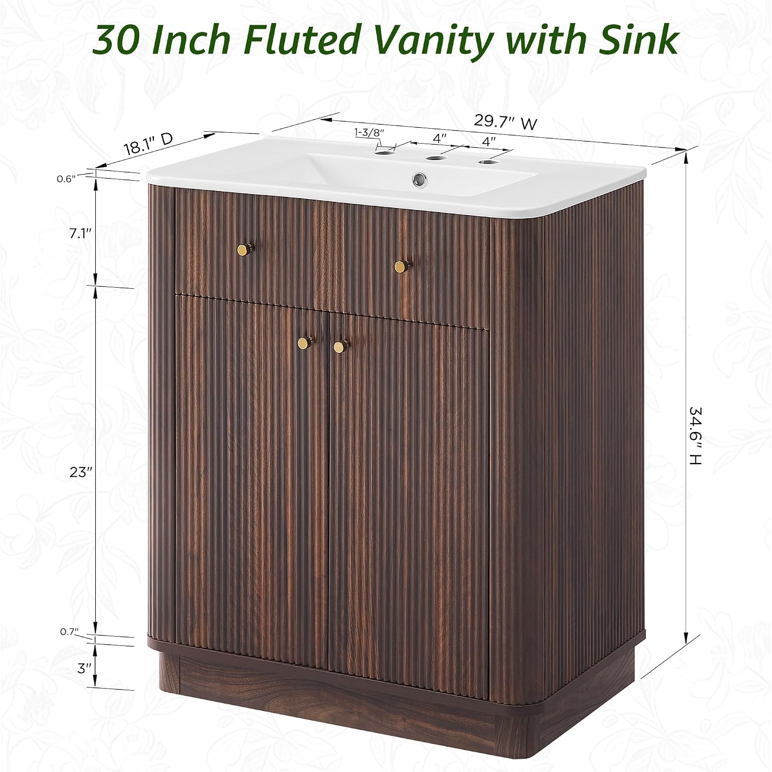 30″ Modern Fluted Bathroom Vanity W/ Sink Dark Walnut