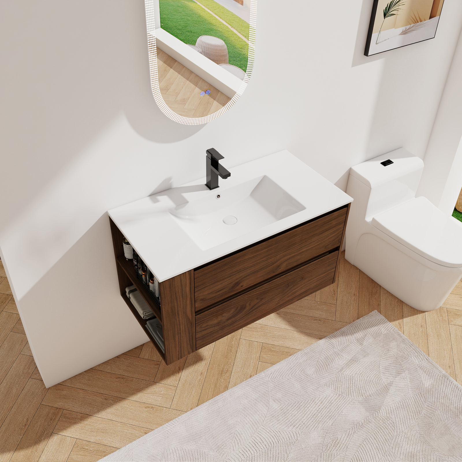 36″ Floating Wall Mounted Bathroom Vanity Cabinet Ceramic Sink Side Shelf Brown